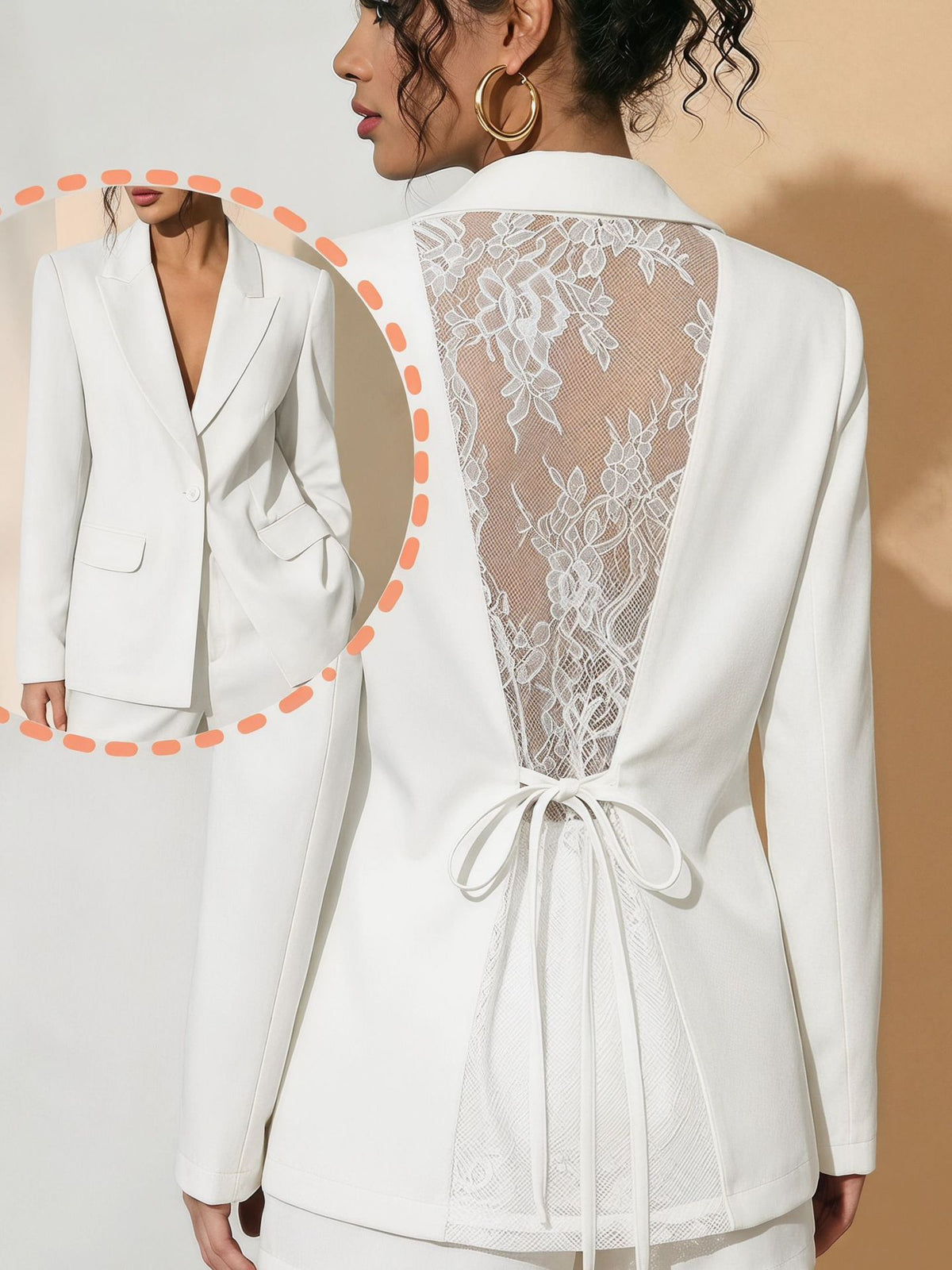 White blazer with sheer floral lace back panel and waist-tie bow