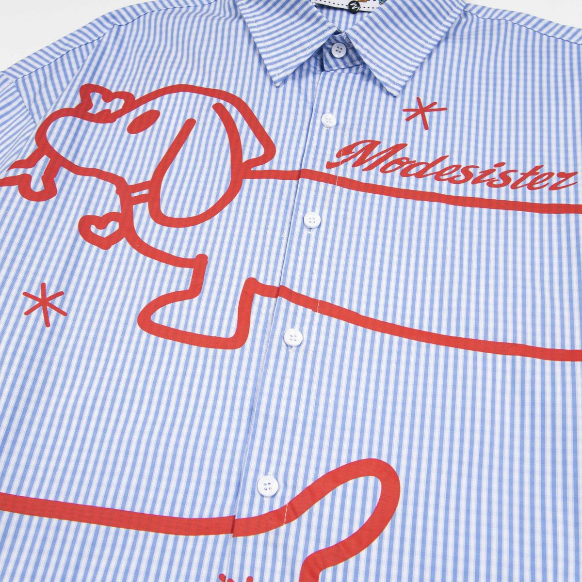 Sausage dog printed striped shirt, blue and white vertical stripes with red dachshund graphic by eprolo