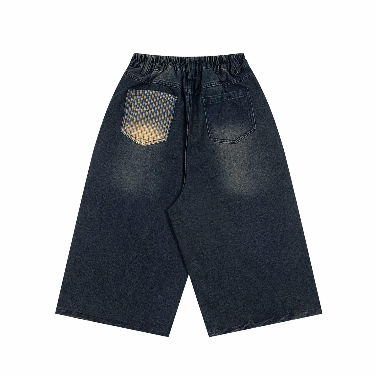 Embroidered Ins Jeans with Patchwork denim shorts, dark blue with plaid patch pocket and elastic waistband by eprolo