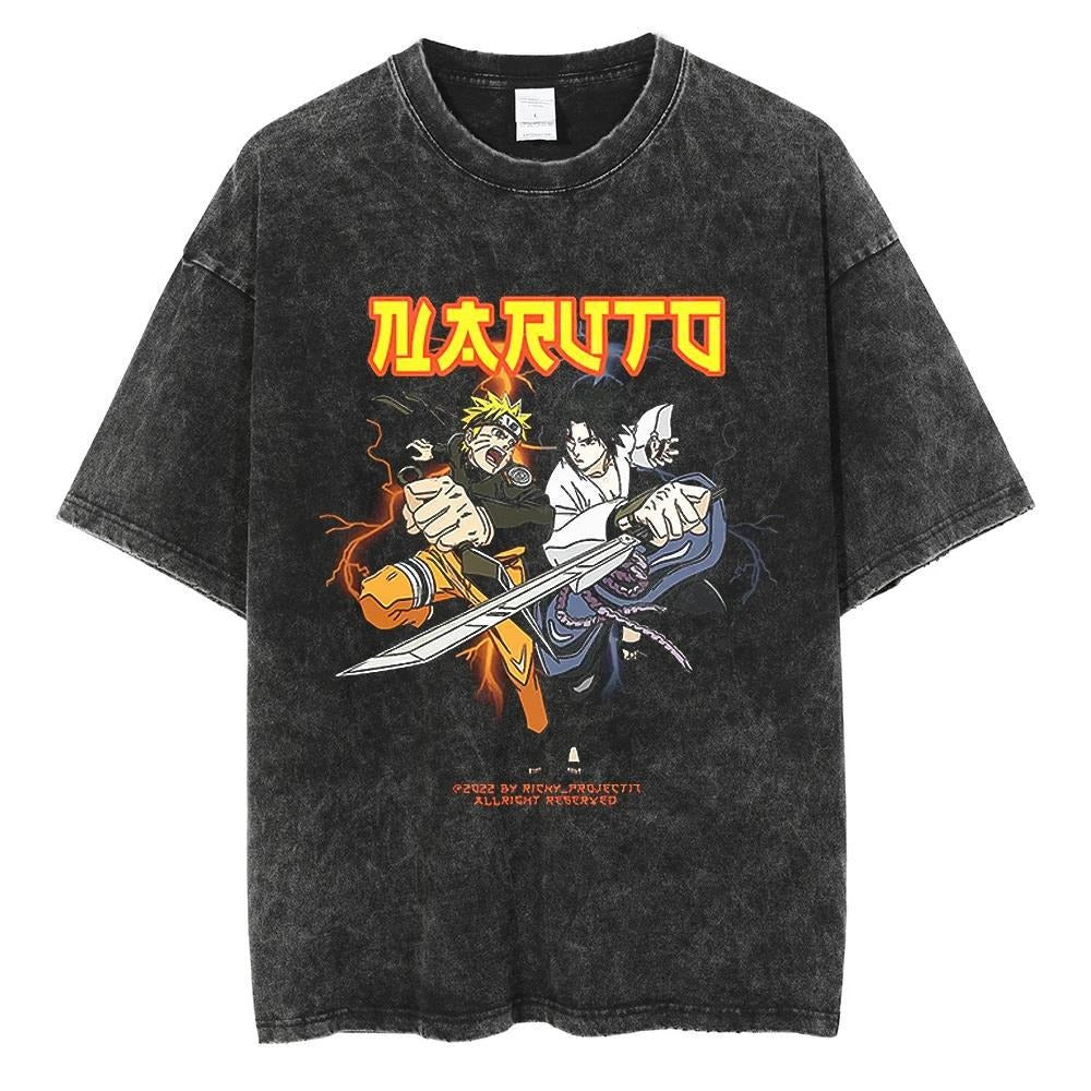 T-shirt motif anime Naruto Harajuku délavé