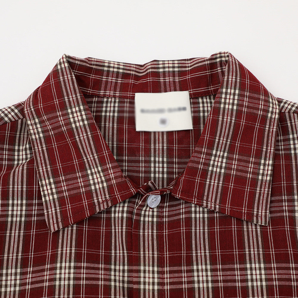 eprolo plaid short-sleeve shirt, red and cream check pattern, button-down collar