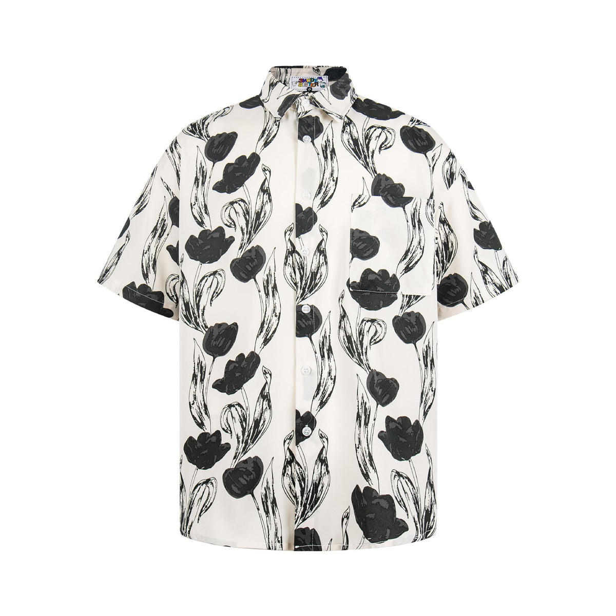 Floral printed short-sleeve shirt with black flowers on white.