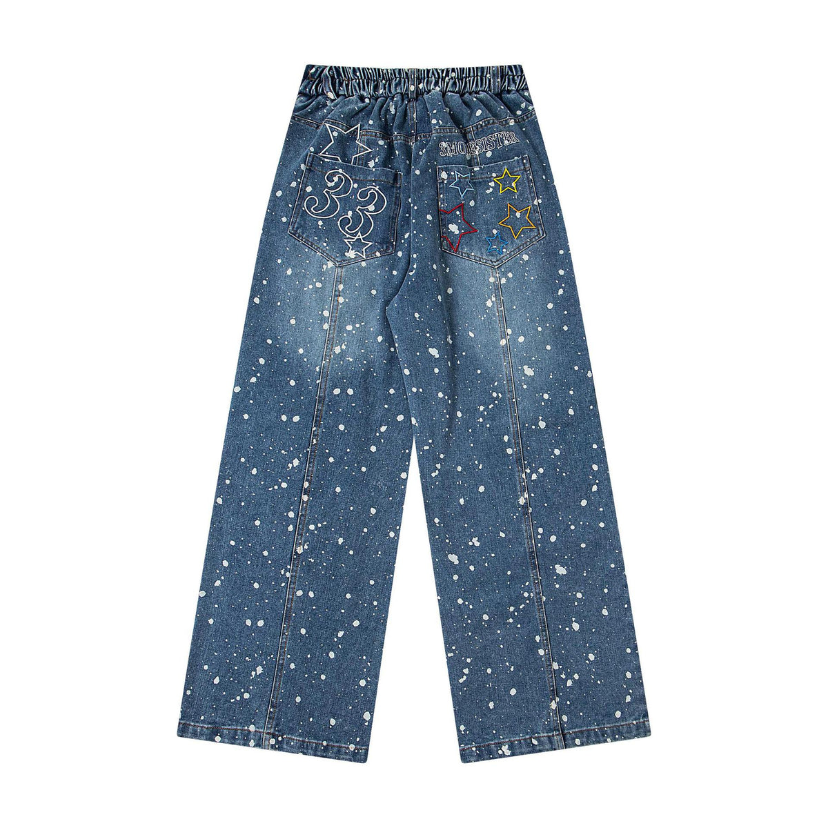 Wash and Make Old Splashed Ink jeans by eprolo; blue denim with white paint splatters and star patches on back pockets