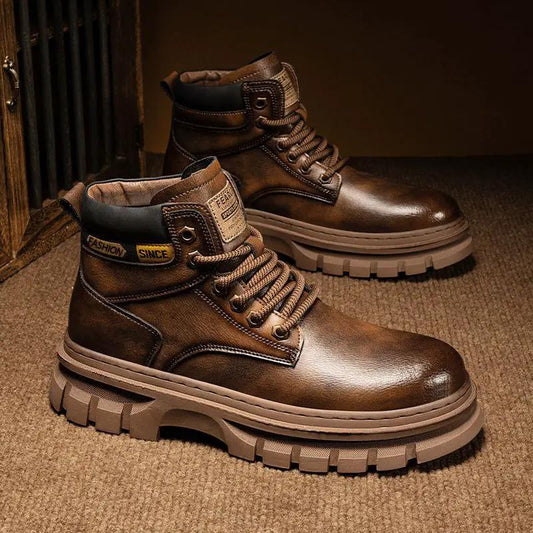 Vancore Men British High-Top Martin Boots in brown leather with chunky sole