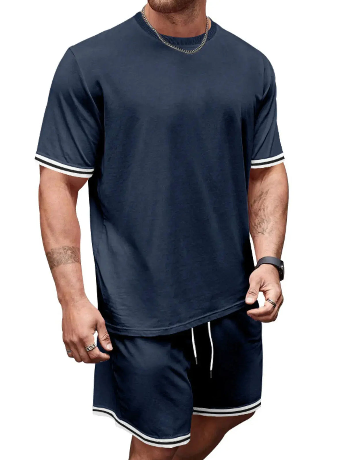 Men's navy short-sleeve tee with striped cuff trim and matching navy shorts, Trendsi two-piece summer set