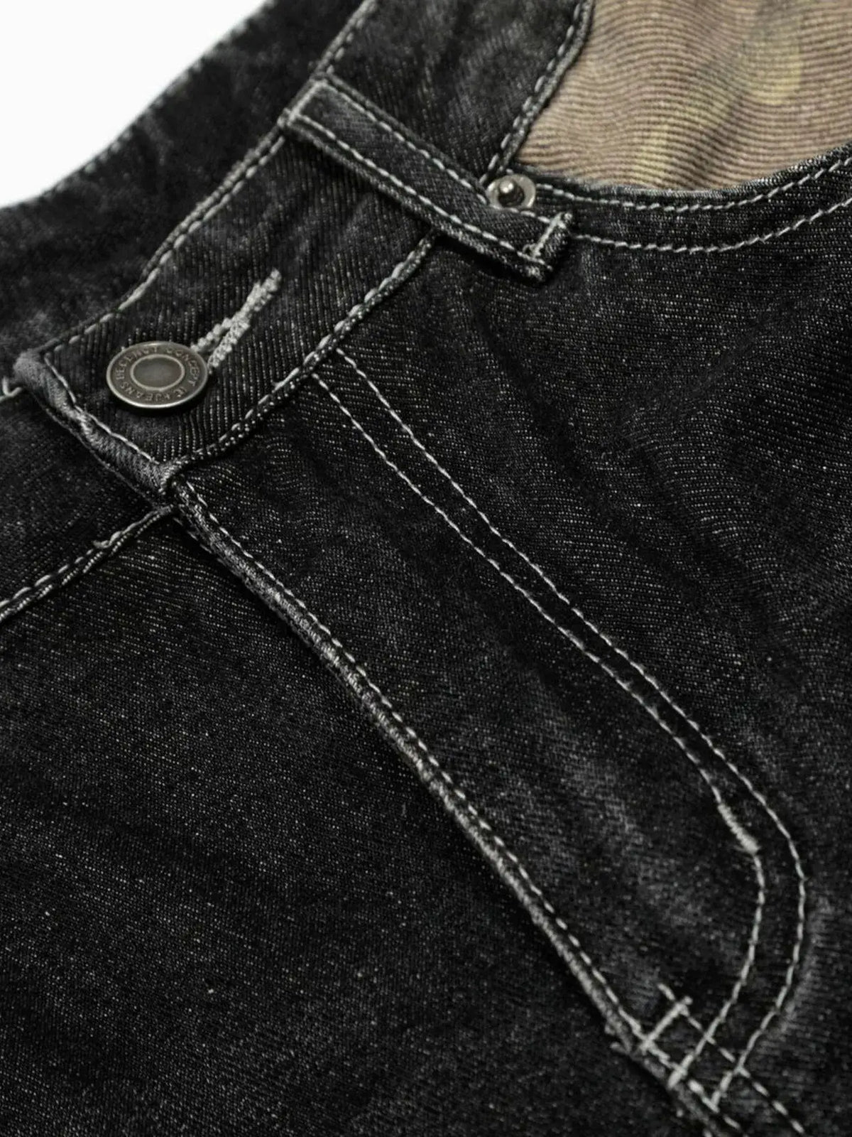 Mens Distressed Camo Panel Denim Shorts With Cotton Stretch, close-up of dark denim with white stitching and rivets