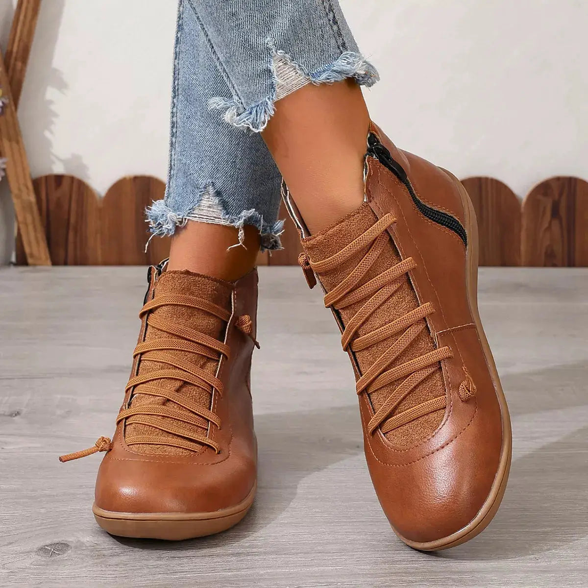 Lace-Up Faux Leather Ankle Boots by Trendsi in tan brown with side zipper