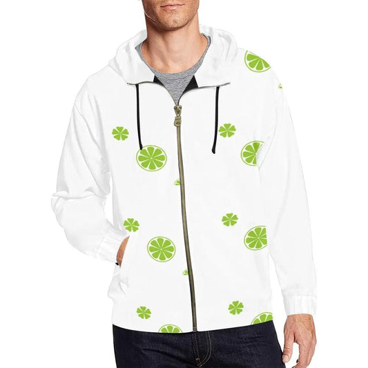 Mens full-zip hoodie with all-over lime slice print on white; premium relaxed fit.