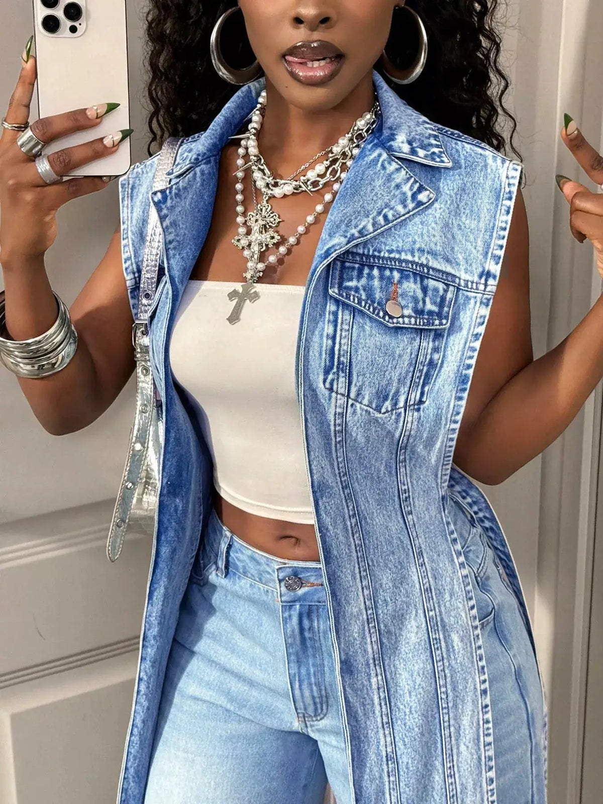 Open Front High Low Denim Vest with vintage wash and pockets, blue denim, Trendsi