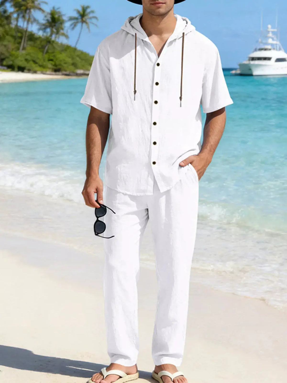 Mens white linen button-up hooded short-sleeve top and pants set, plus size.