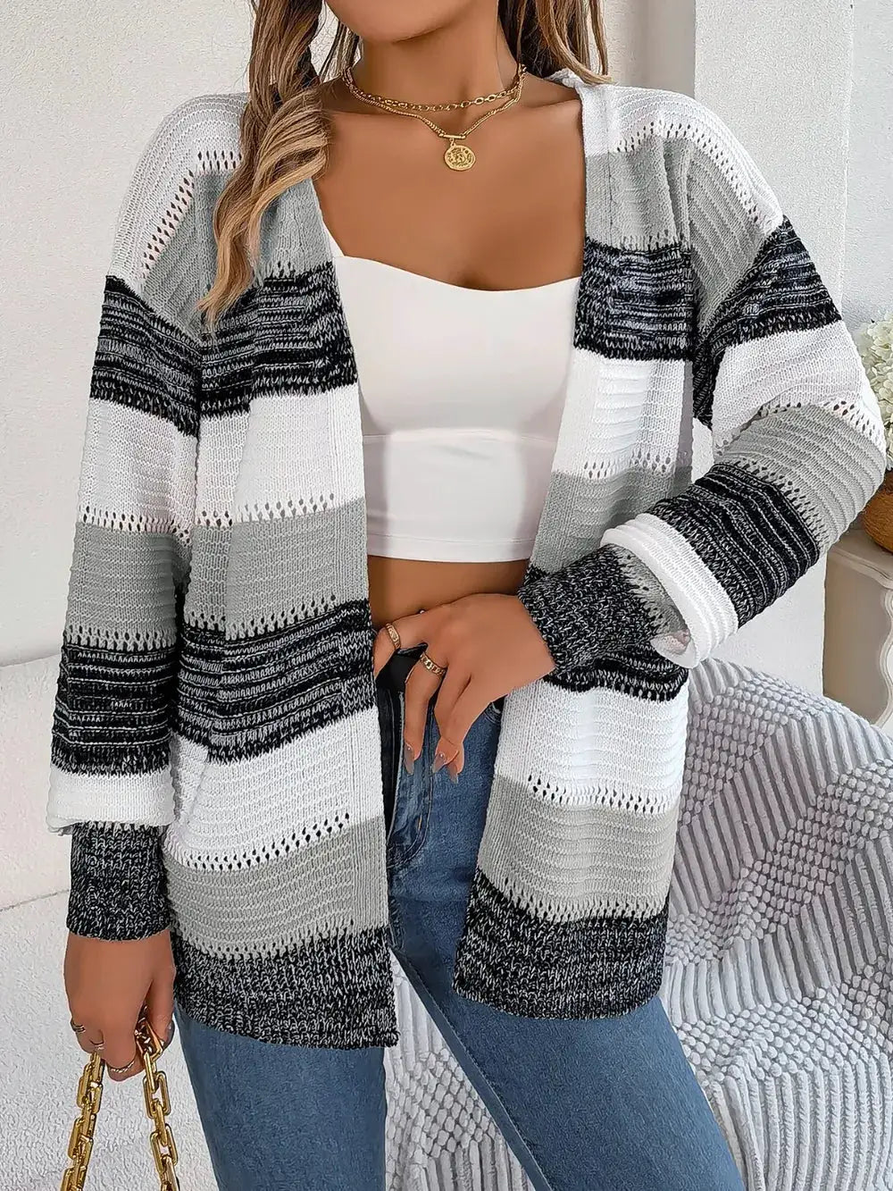 Openwork Striped Open Front Lightweight Relaxed Knit Cardigan in gray, white, and black