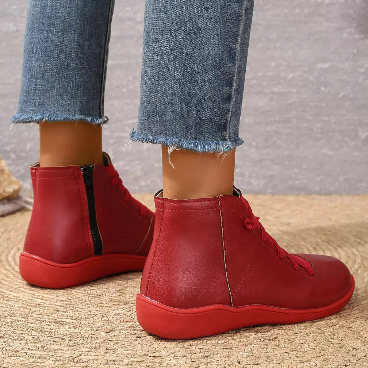 Lace-Up Faux Leather Ankle Boots by Trendsi, in red.