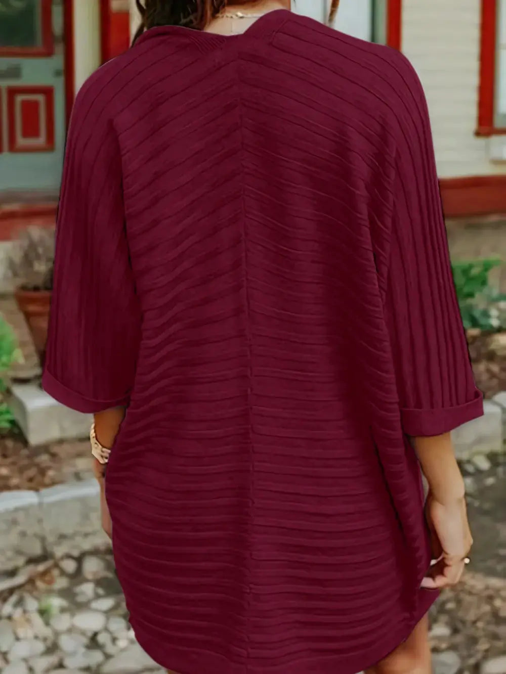 Striped open-front knit cardigan in burgundy acrylic, relaxed, stretchy layering