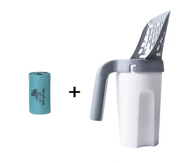 AdTec cat litter scoop bucket 2pc set: white bucket with gray integrated scoop, plus blue waste-bag roll.