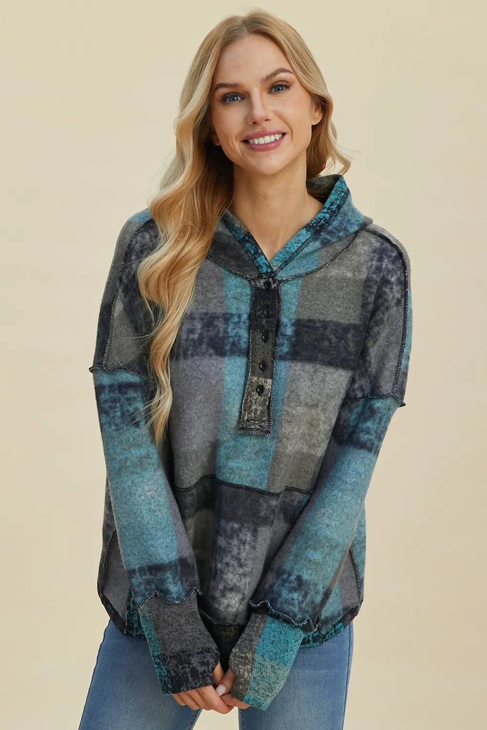 Double Take plaid dropped-shoulder fleece hoodie plus size with button placket in teal gray blue plaid