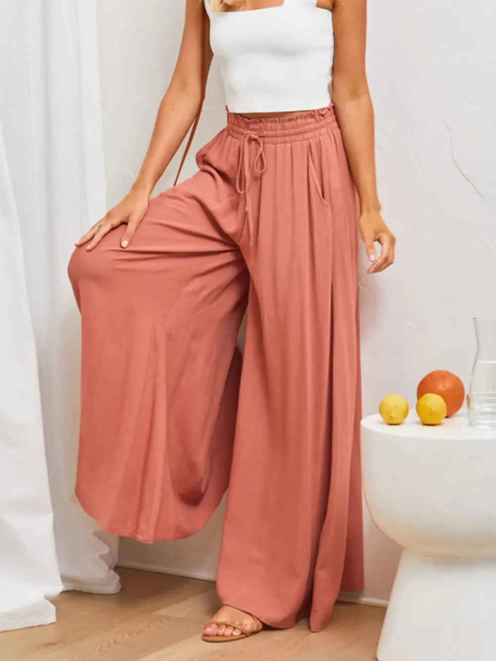 High Waist Wide Leg Palazzo Pants by Trendsi, dusty rose color, pocketed and lightweight flowy fabric