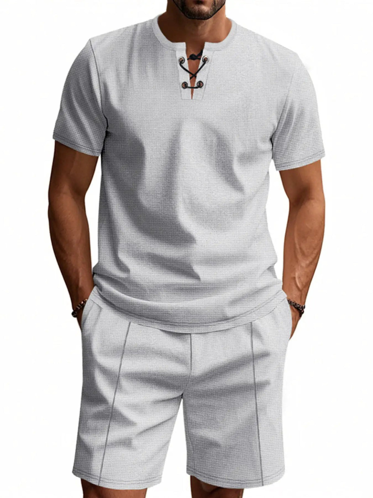 Trendsi men's plus-size casual short-sleeve tee with lace-up neck and pocketed shorts set in gray