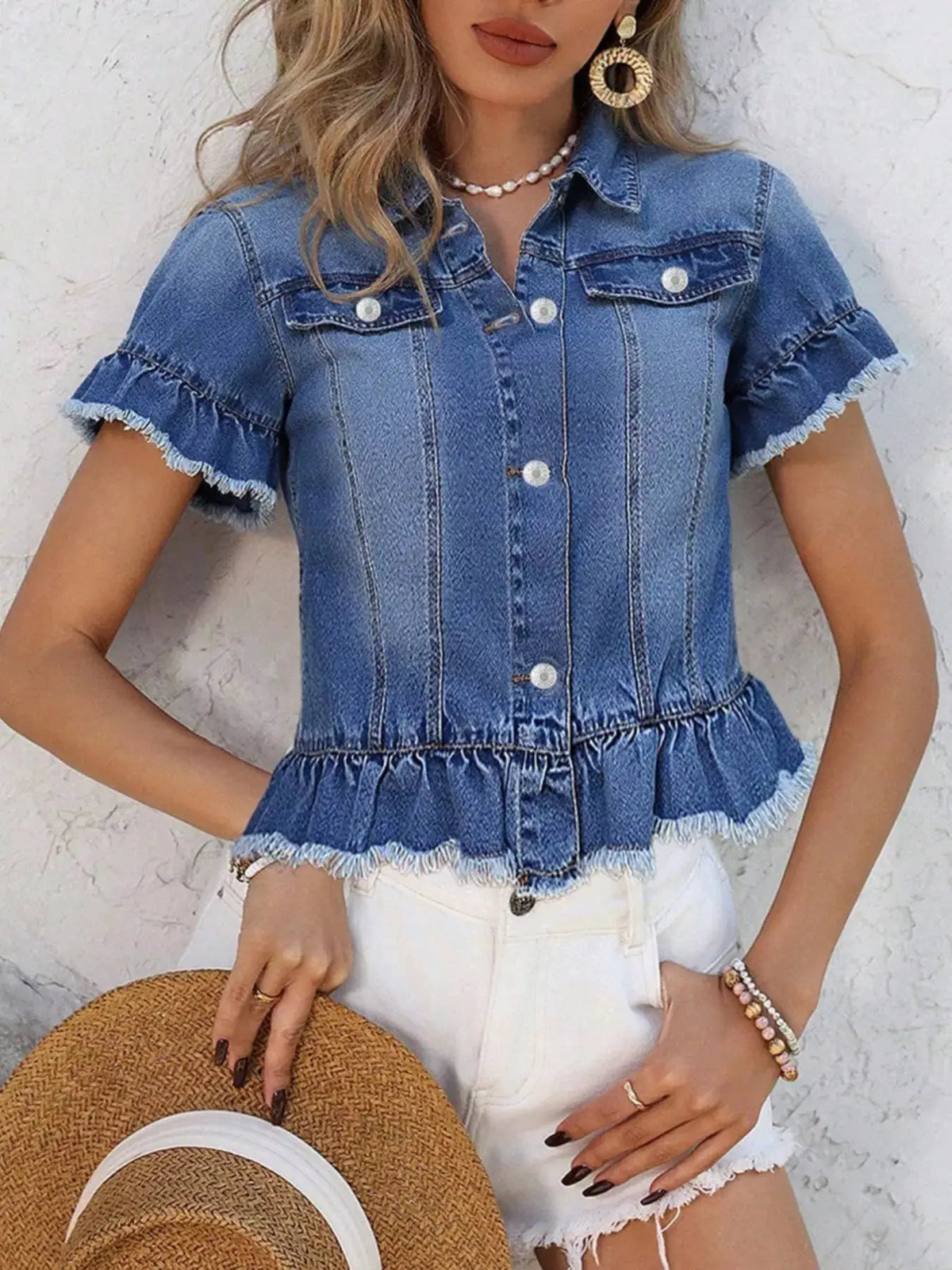 Trendsi denim jacket with ruffle-hem short sleeves and button-front closure