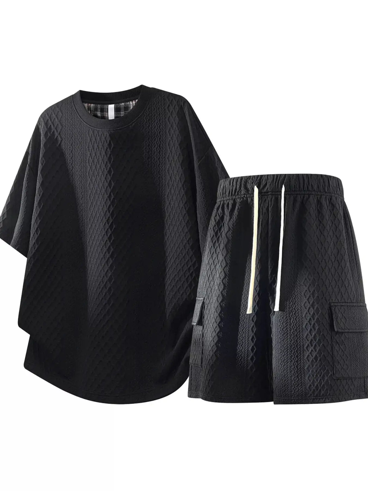 Plus Size Men's Waffle Knit Two-Piece Top and Shorts Set by Trendsi, black