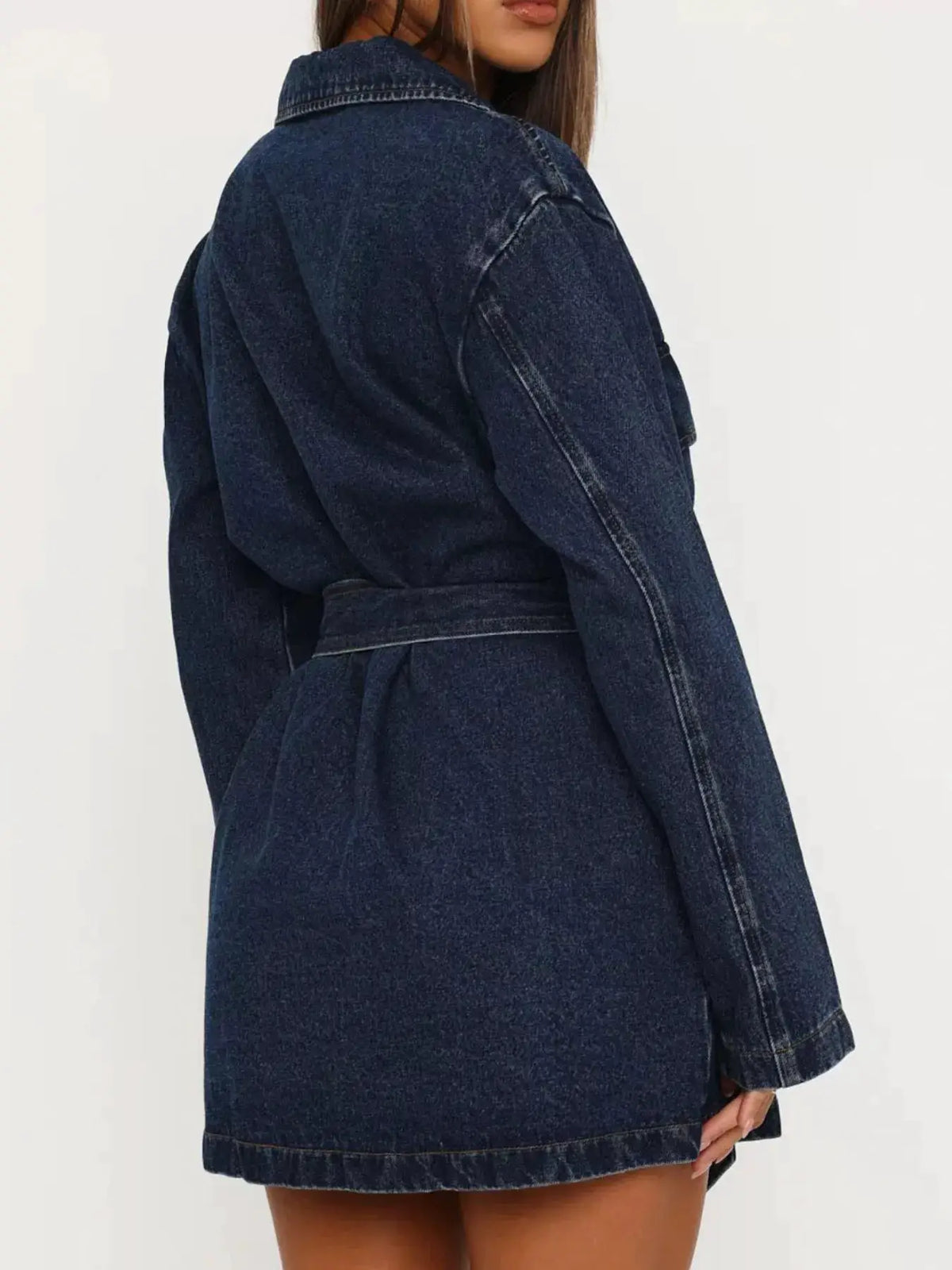 Trendsi longline washed denim jacket with matching belt, blue denim, back view