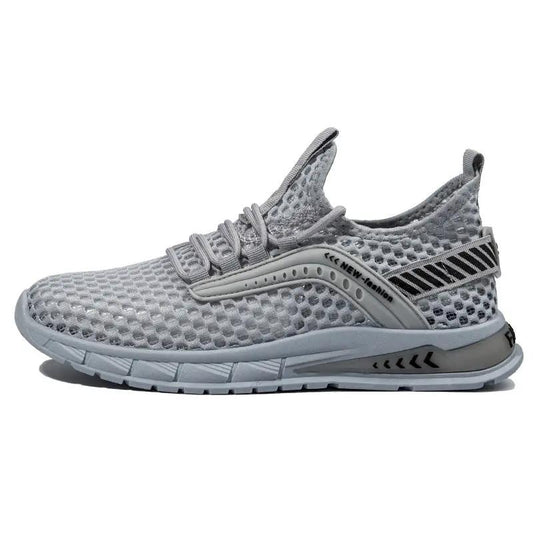 Apexweave Premium breathable low-top casual trainer shoes, gray mesh with cushioned sole by AdTec