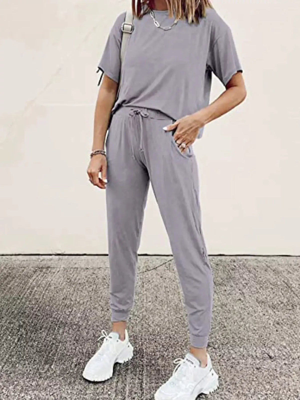 Trendsi plus-size gray round-neck top and drawstring pants two-piece set