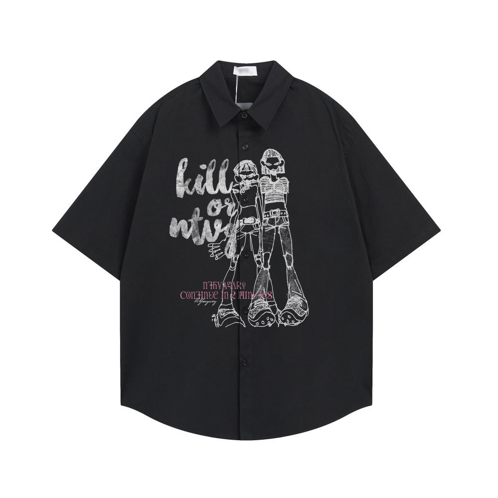 Human printed loose short-sleeved shirt on black fabric with white line-art of two figures and pink accents