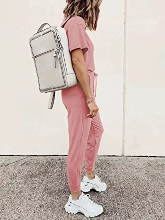 Plus-size pink round-neck top and drawstring pants lounge set