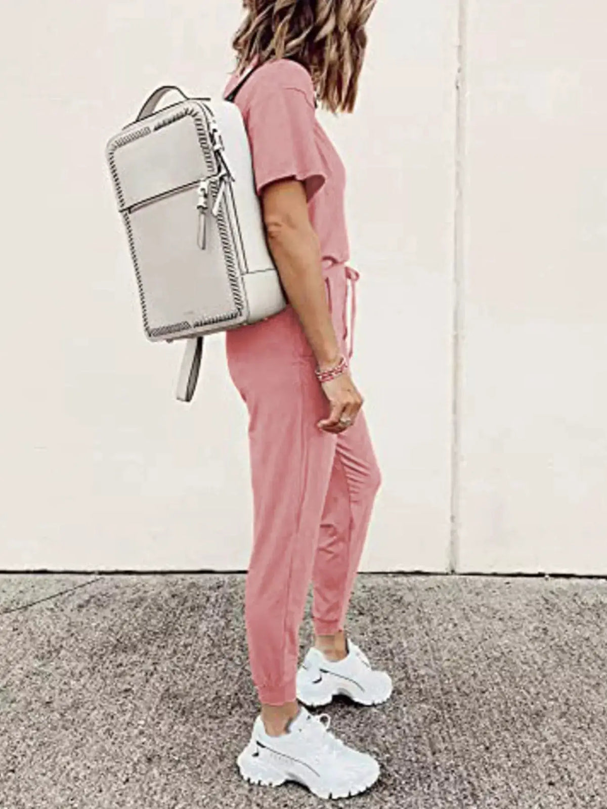 Plus-size pink round-neck top and drawstring pants lounge set