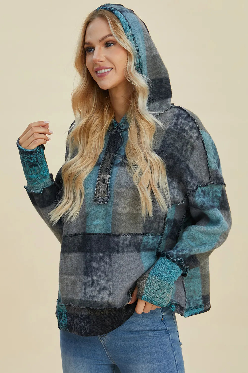Double Take plus-size plaid fleece hoodie, teal/gray patchwork, dropped shoulders