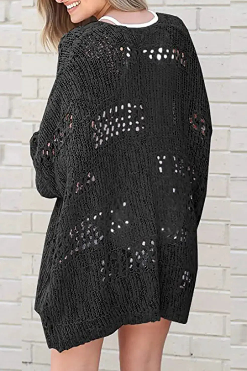 Openwork Open Front Long Sleeve Acrylic Cardigan in black knit.