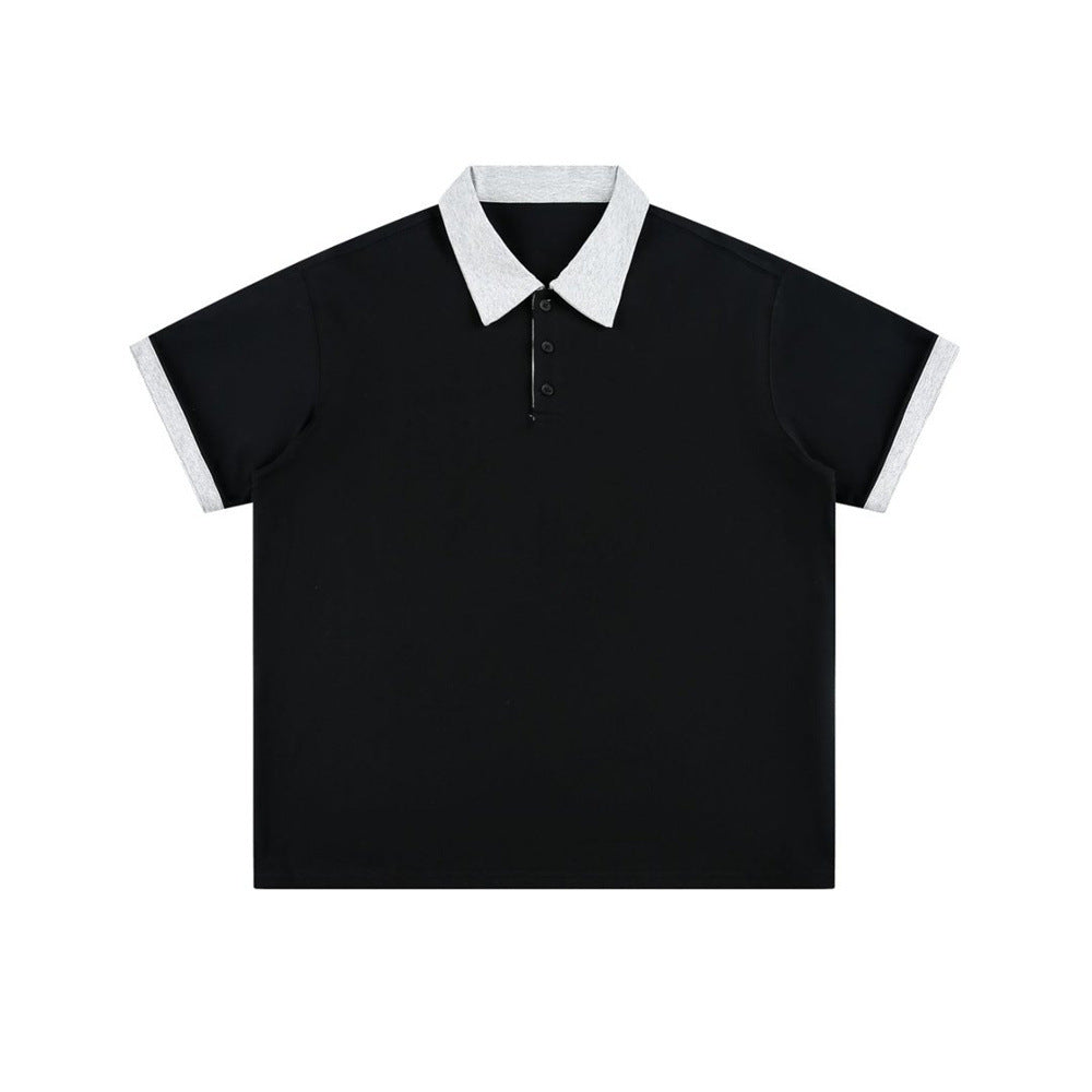 Loose half-sleeve polo shirt, black with grey collar and sleeve cuffs