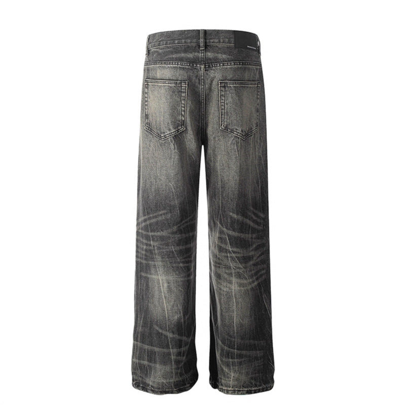 Washed denim jeans, dark-wash with back pockets and straight leg.