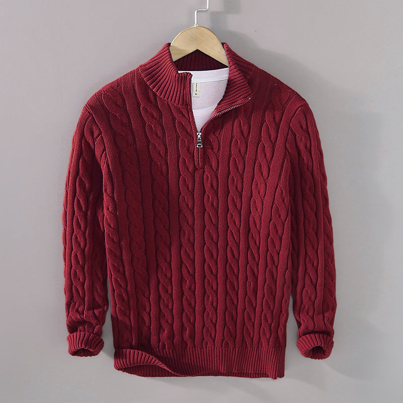 Men's thick burgundy cable-knit zip pullover sweater by eprolo; loose fit with ribbed cuffs and hem