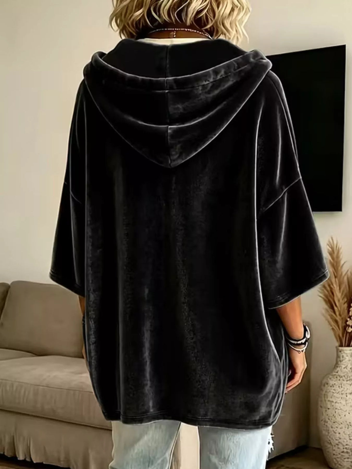 Velvet loose-fit hoodie with drawstring in black, back view