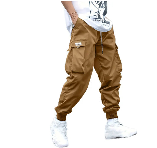 AdTec men's multi-pocket cargo pants in brown with cargo pockets and elastic cuffs, hip-hop drawstring trousers