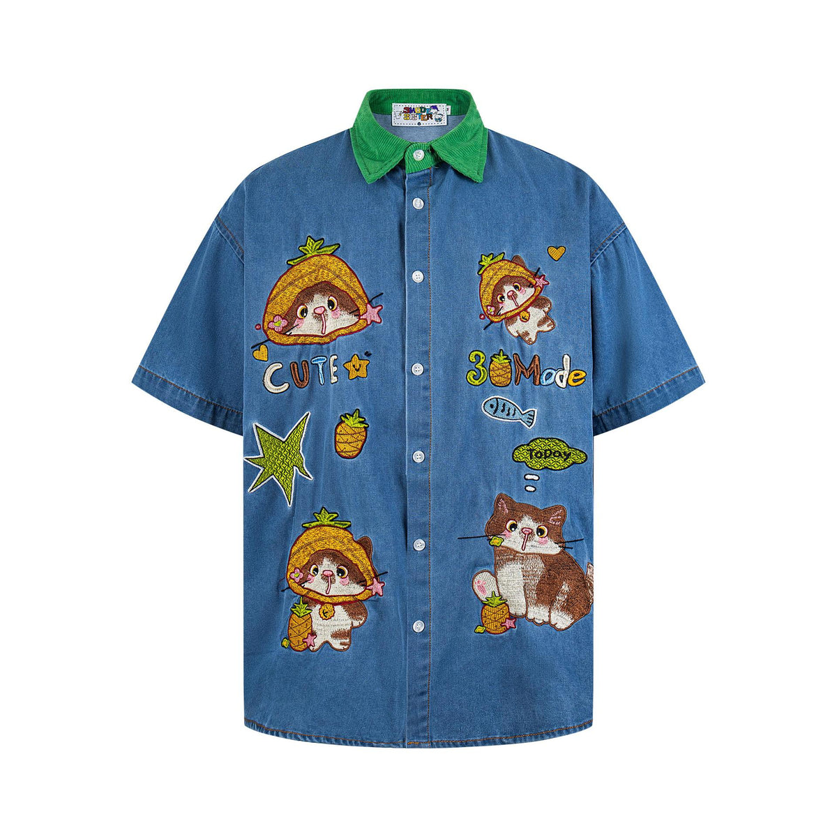 Pineapple cat embroidered denim shirt with green corduroy collar by eprolo