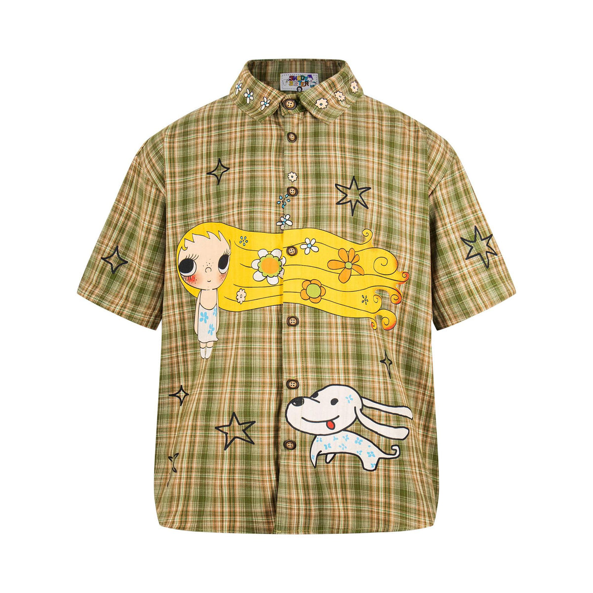 Long-haired girl and puppy embroidered pet shirt in green plaid with flower collar accents by eprolo