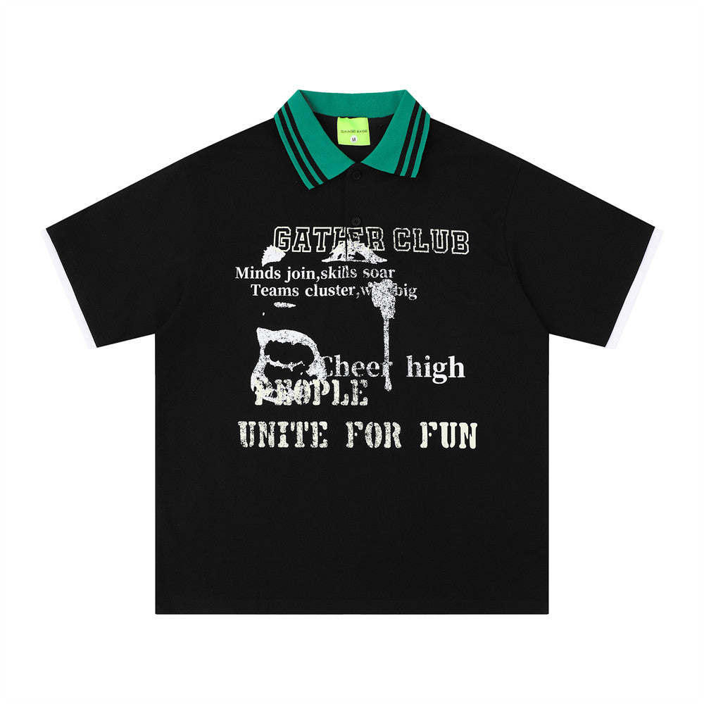 Color-blocked black polo T-shirt with green striped collar by eprolo
