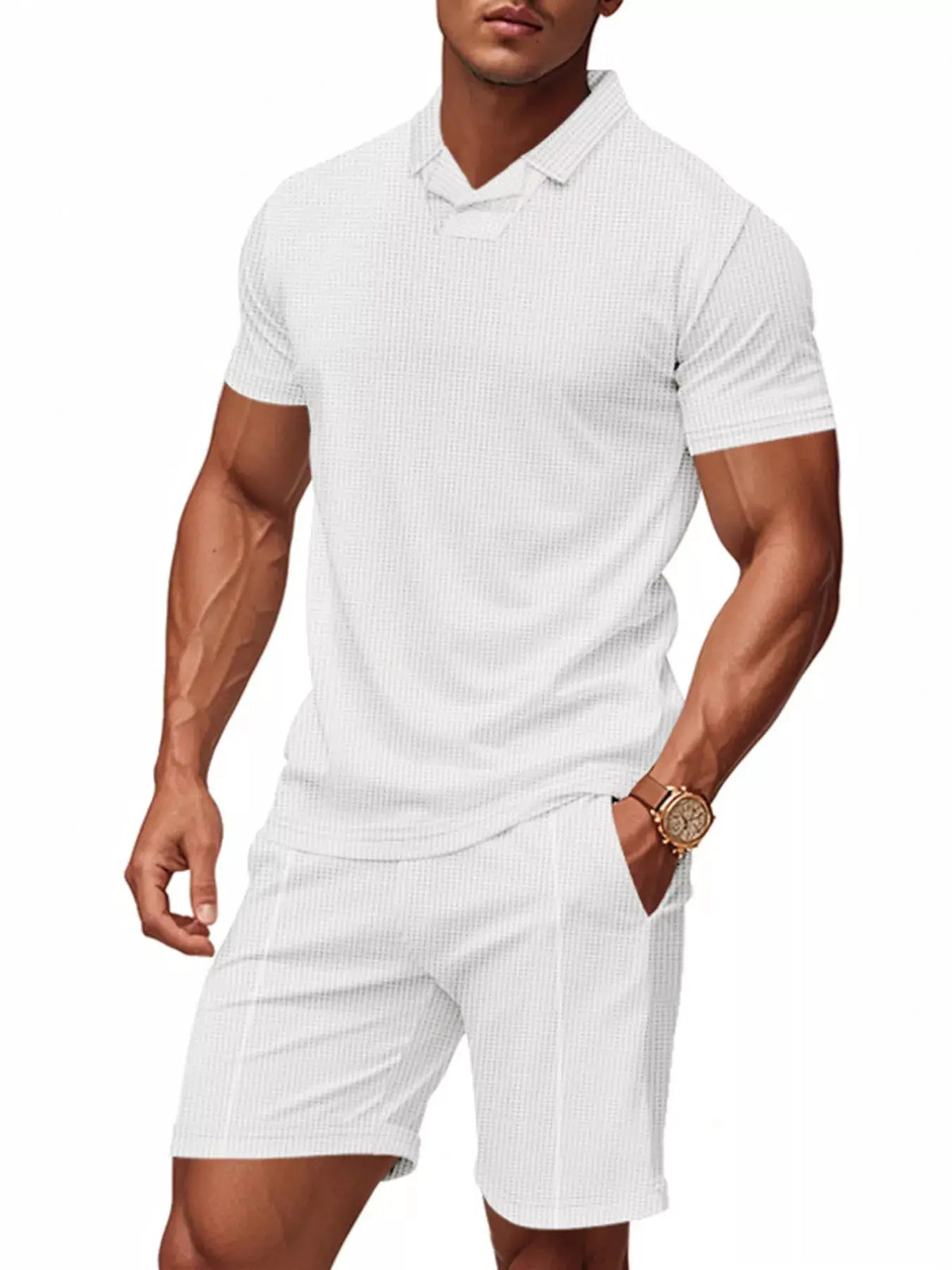 Men's casual short-sleeve polo and shorts set by Trendsi, white check pattern, plus size with pockets (2-piece)