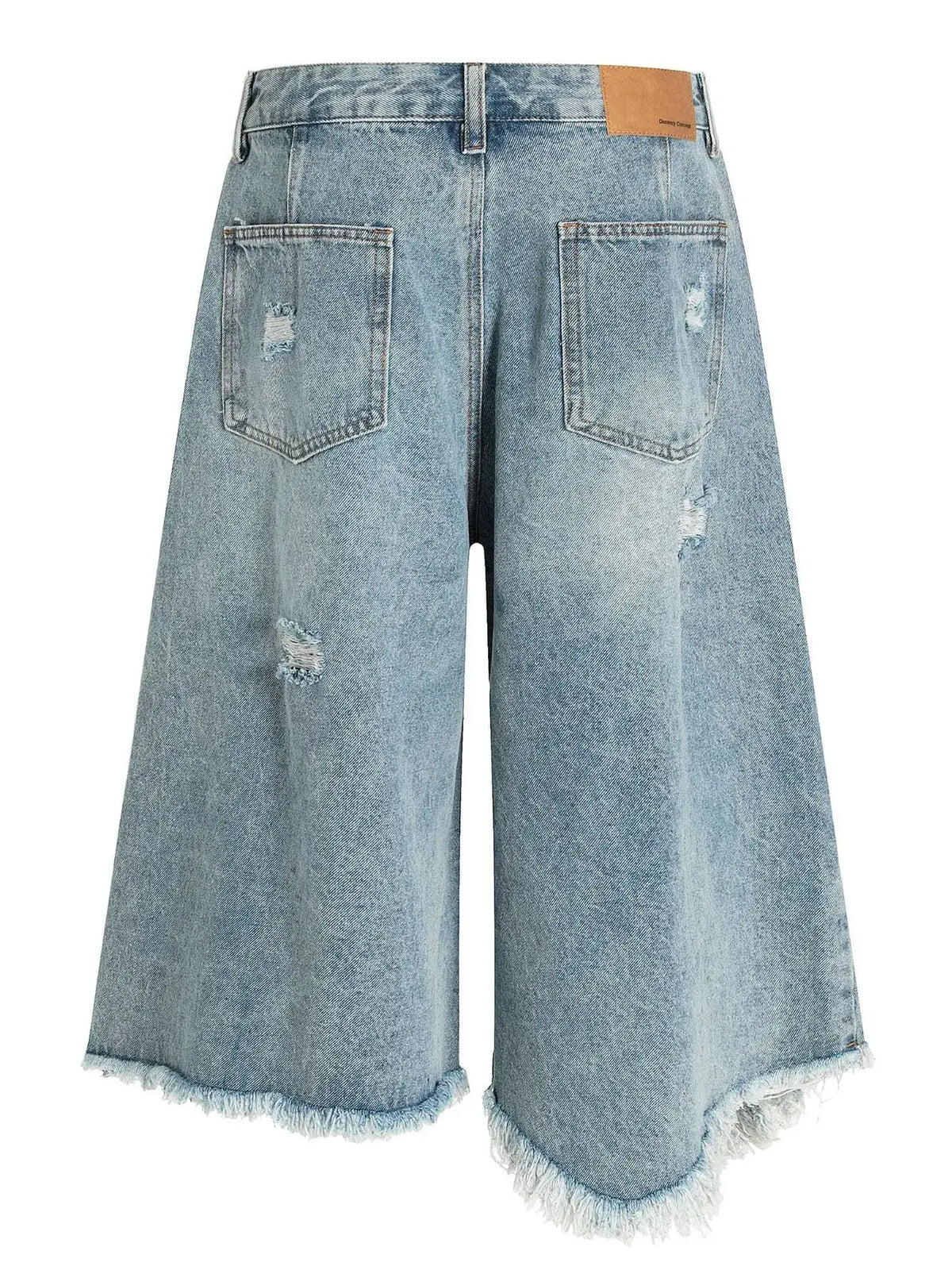 Mens oversized distressed denim shorts, light blue cotton-blend with ripped patches, back pockets and frayed rolled hems