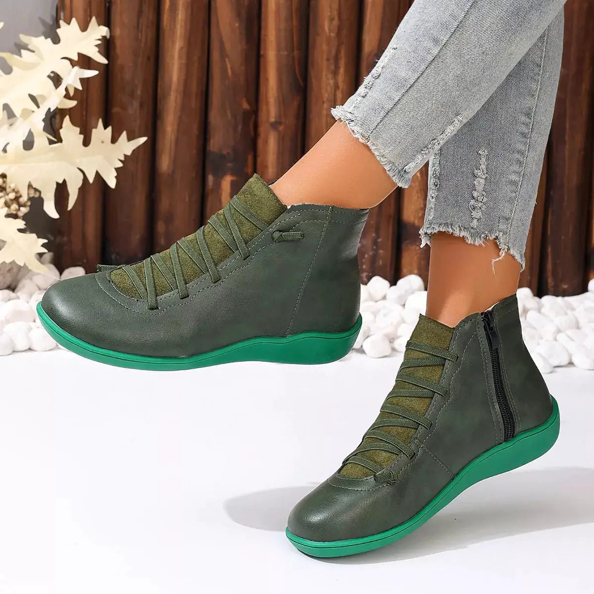 Lace-Up Faux Leather Ankle Boots in olive green with a green outsole by Trendsi
