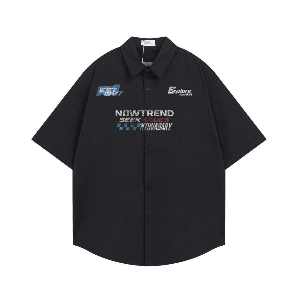 Letter printed loose short-sleeve shirt in black by eprolo with street-trend graphics