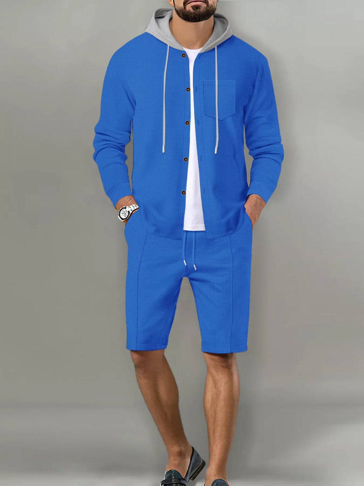 Men's blue 2-piece hooded button-up top and shorts set, plus size, casual loungewear