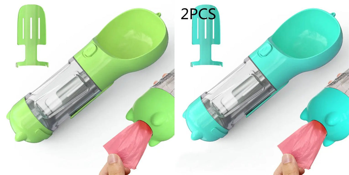 Pet water bottle feeder bowl, AdTec 3-in-1, 2pcs green and turquoise for dogs, portable outdoor travel