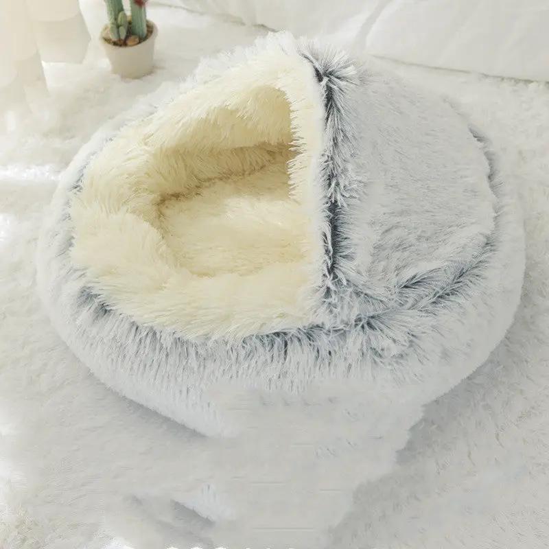 Crystal velvet warm round half-pack cat litter bed, gray exterior with cream plush interior