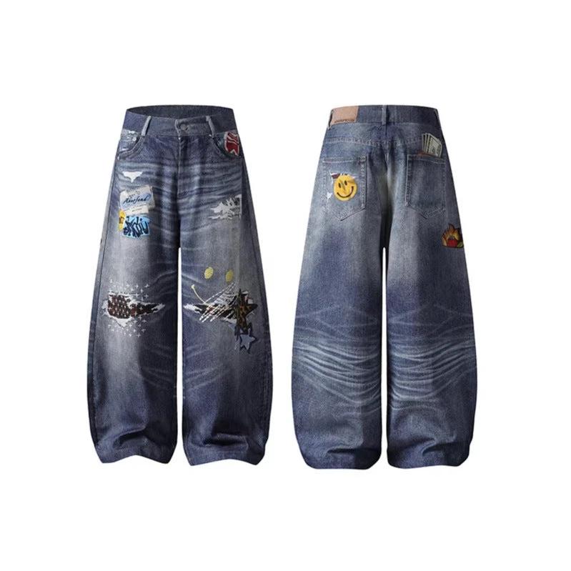 Embroidered Denim Pants Unisex Wide Leg Straight Leg Long Pants Trendy by eprolo