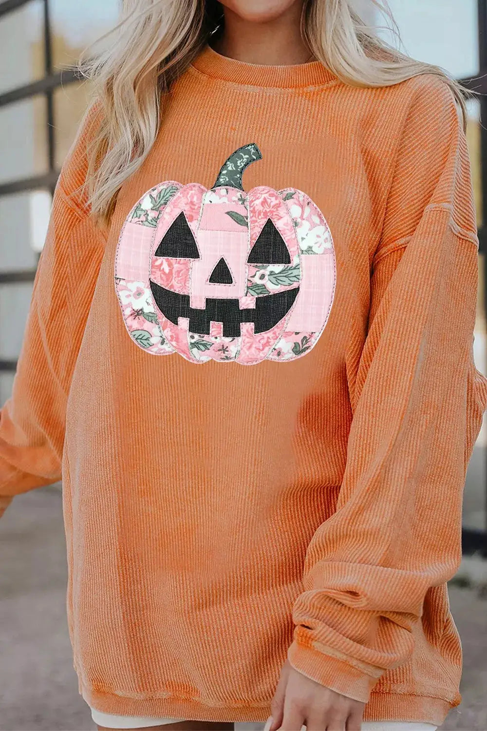 Tunic sweatshirt orange corded ribbed fabric, round-neck, with patchwork pumpkin graphic