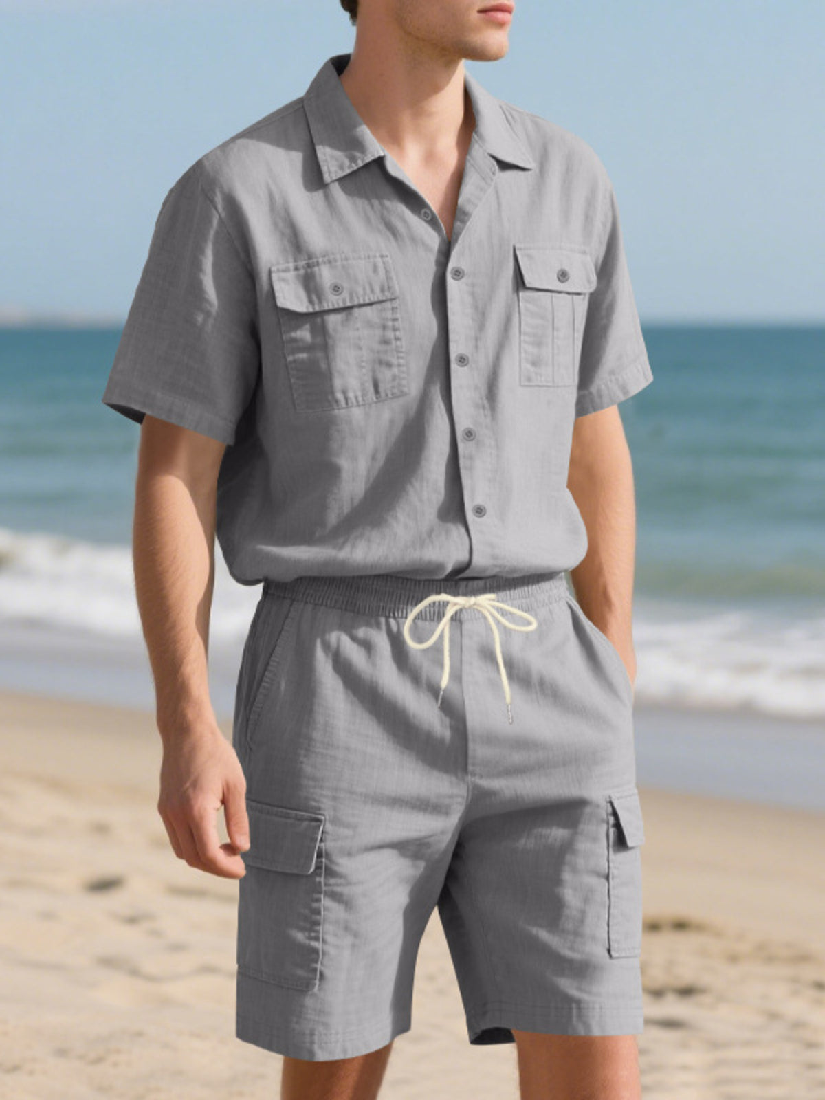 Trendsi men's gray short-sleeve button-up shirt and matching gray shorts set with chest pockets and drawstring waist
