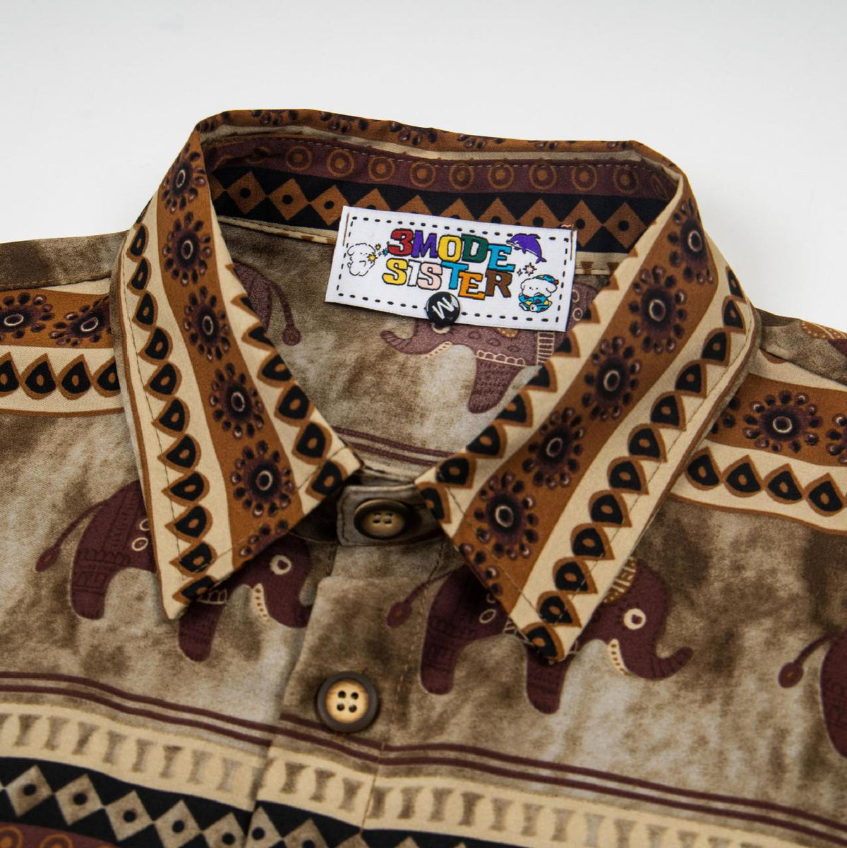 Elephant printed short-sleeve shirt, brown beige geometric pattern, 3MODE SISTER label
